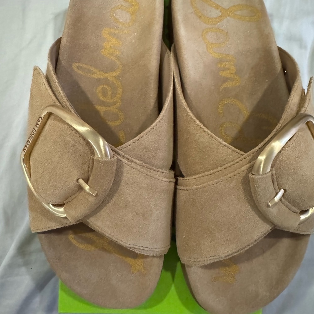 Sam Edelman Beige Suede Sandals with Gold Buckle